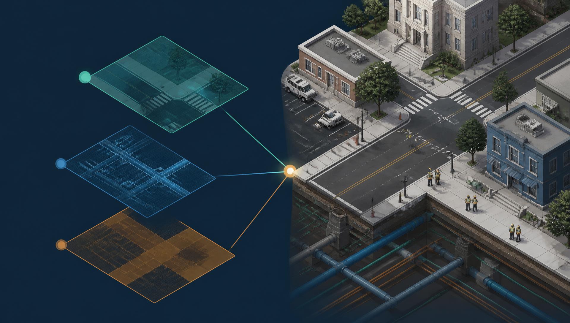 Isometric illustration of a city block with surface, underground, and risk data layers converging on one decision point